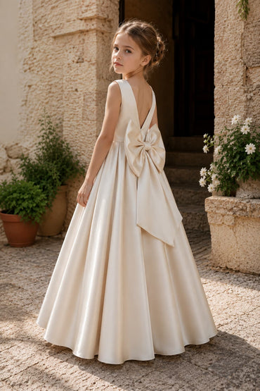 Elegant Satin Pearl Waist Pleated Skirt Bow Back Flower Girl Dresses 807252665221 - 7 Days / Ivory / 80cm - COCOMELODY