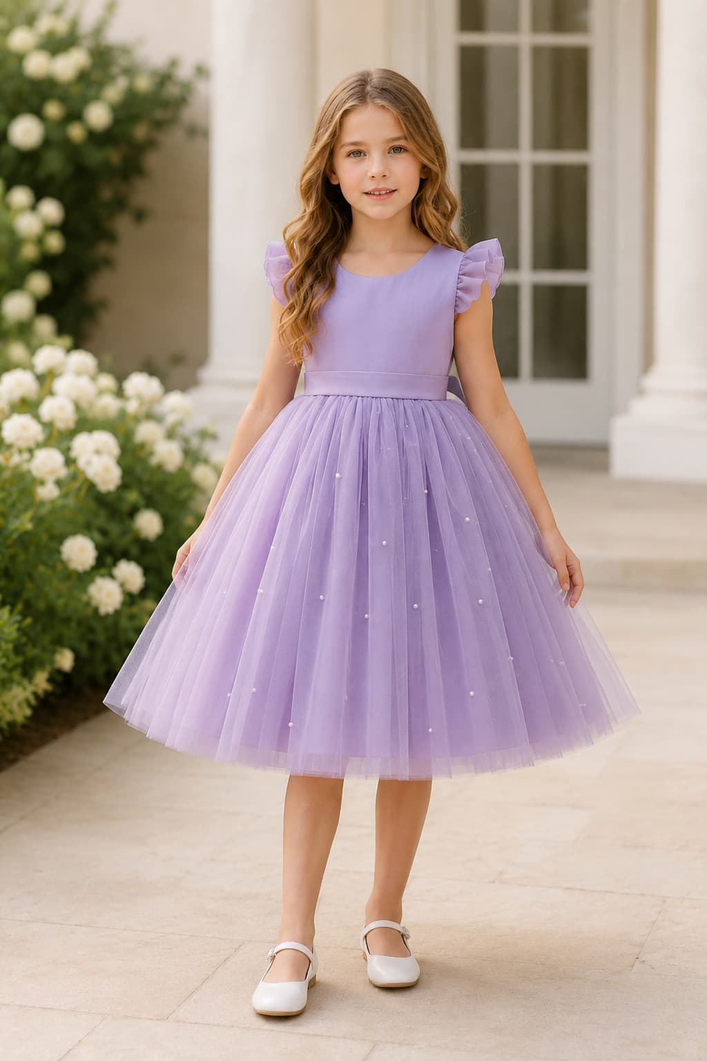 Tulle Pearl Bow Back Knee Length Ruffle Cap Sleeve Flower Girl Dresses 652115065250