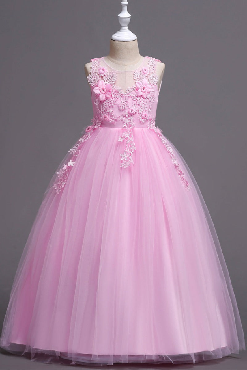 A-Line Sleeveless Illusion Neck Floral Lace Floor Length Tulle Flower Girl Dresses 1031510840167