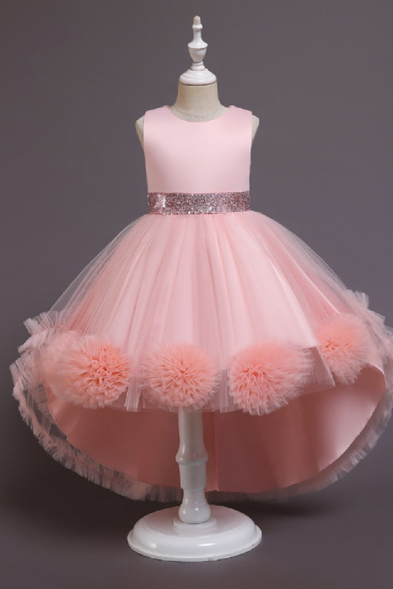 Princess Scoop Neck Sleeveless Hi-Low Tulle Pom Poms Flower Girl Dresses 1029780202104