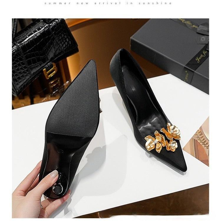 3D Flowers black Satin Pointy Stiletto Heels 769556407493 - COCOMELODY