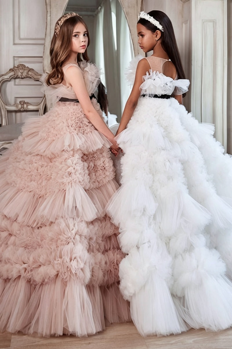 Ball Gown Layered Ruffle Tulle Floor Length Flower Girl Dresses 684633823219