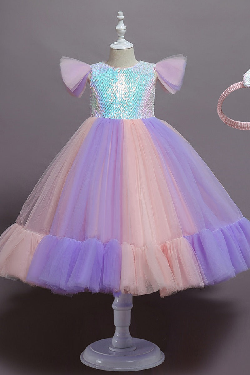 Ball Gown Flutter Sleeve Iridescent Sequin Tulle Matching Bow Headband Flower Girl Dresses 1031506040712