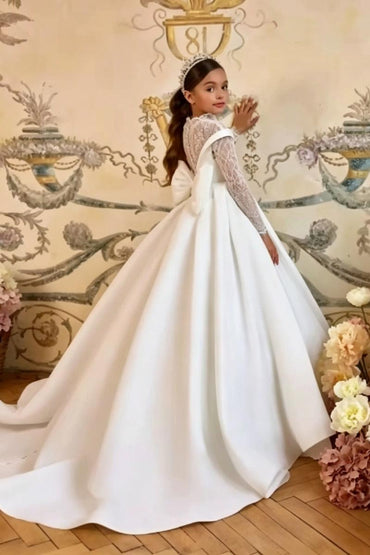 Off-Shoulder High Neck Lace Long Sleeve Satin Flower Girl Dresses 992930246596 - 10 Days / White / 2 - COCOMELODY