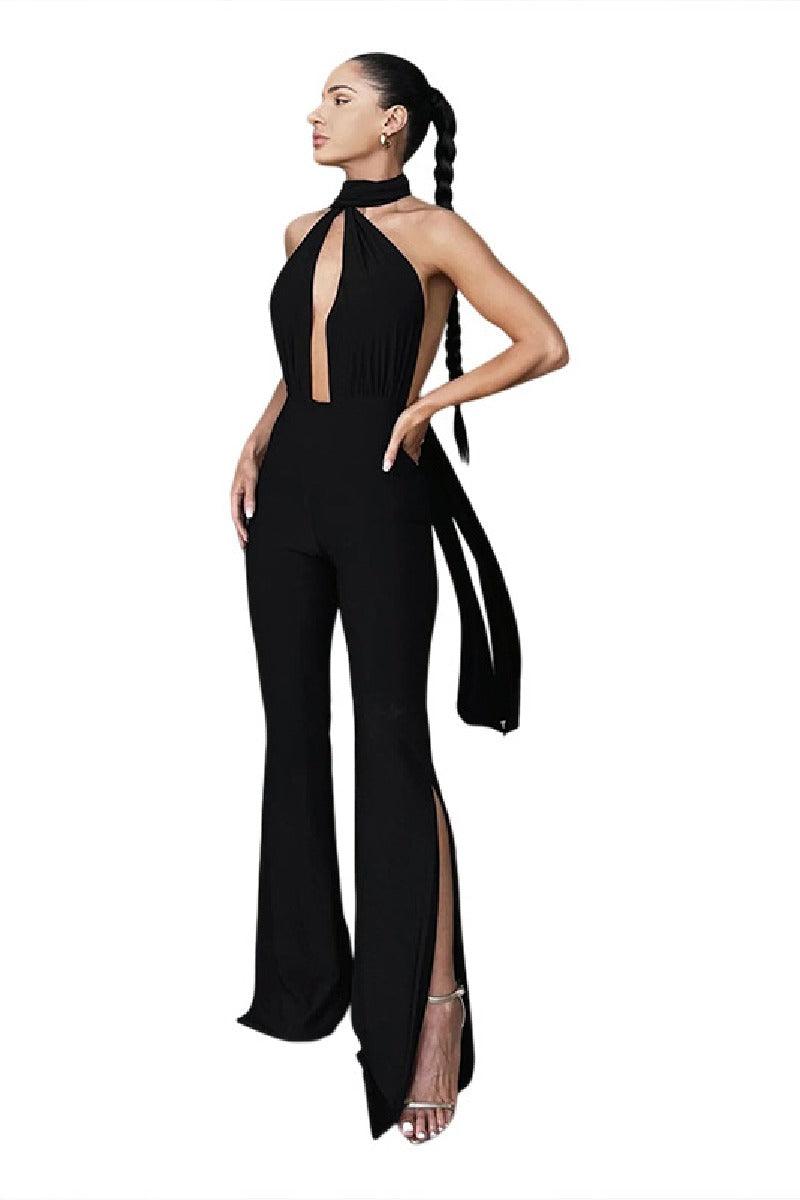 Halter sexy hollowed-out backless slim-fit jumpsuit party dress 729888018414 - COCOMELODY