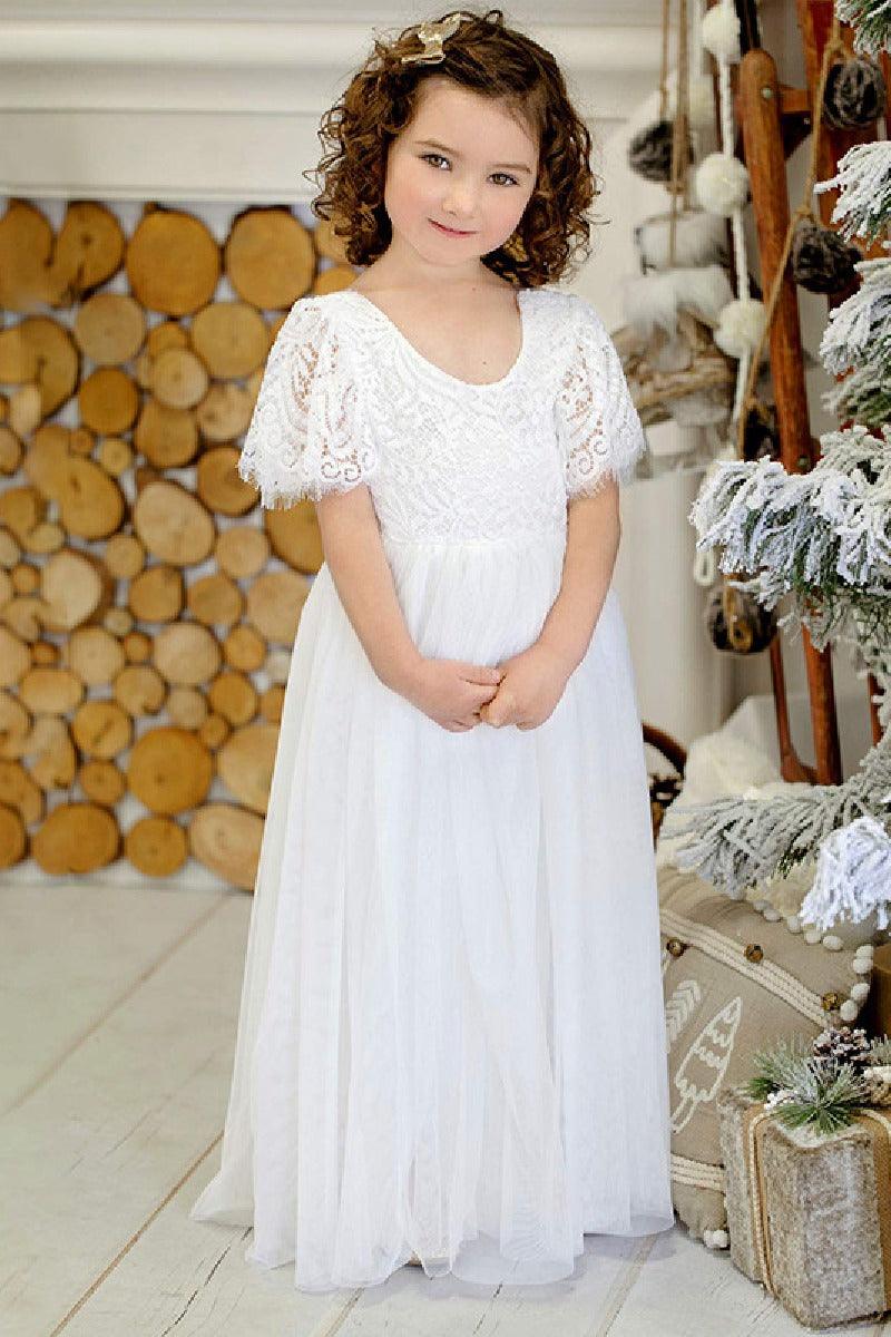 A-Line Scoop Neck Short Sleeve Tulle Maxi Flower Girl Dress 727468954365 - COCOMELODY