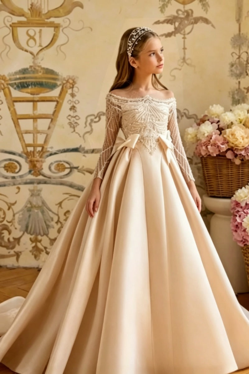 A-Line Off-Shoulder Beaded Satin Flower Girl Dresses 1059107968671
