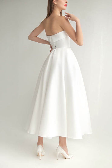 A-Line Tea Length Mikado Little White Dress 100023 - COCOMELODY
