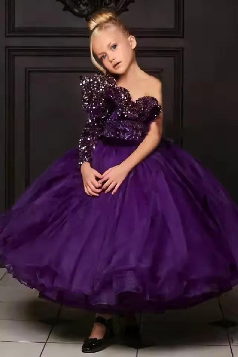 Ball Gown One Shoulder Long Sleeve Ankle Length Tulle Ruffled Sequin Bust Flower Girl Dresses 750104605618