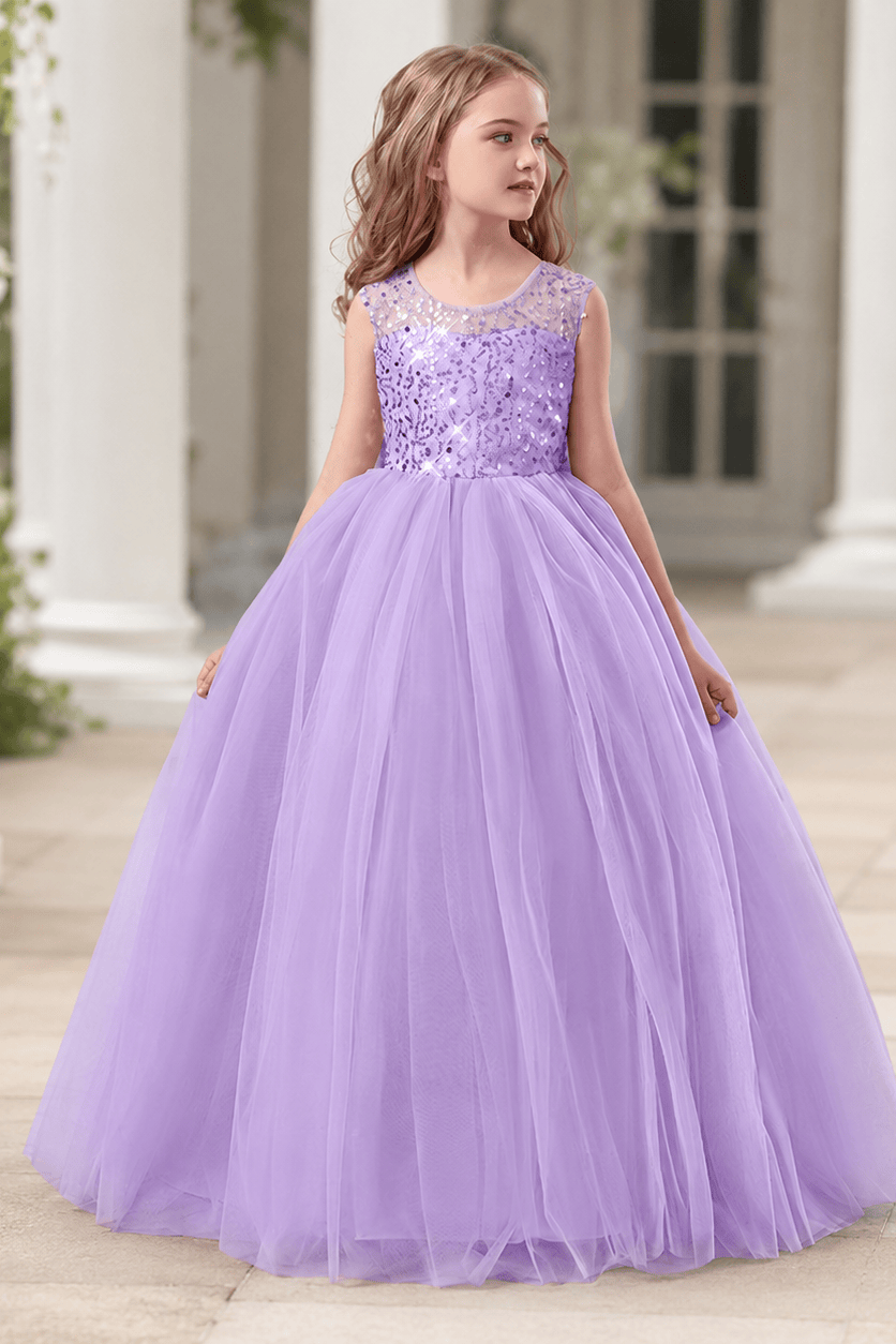 Elegant Lace Bodice Illusion Neckline Bow Back Tulle Flower Girl Dresses 901111463292