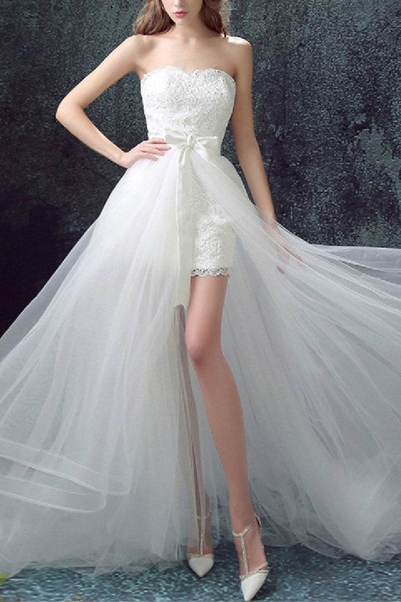 A-Line Sweep-Brush Train Lace Tulle Little White Dress 100049 - COCOMELODY