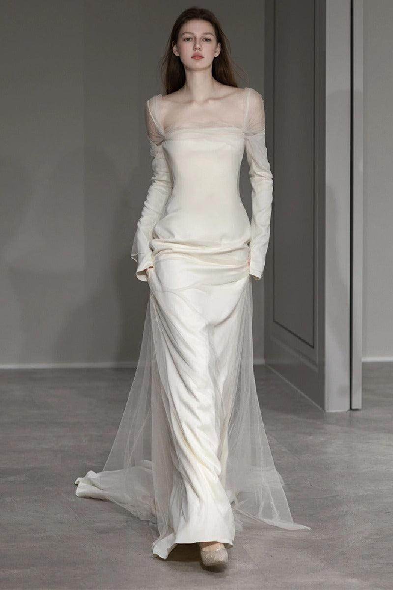 A-Line Sweep-Brush Train Satin Wedding Dress 743493384317 - COCOMELODY