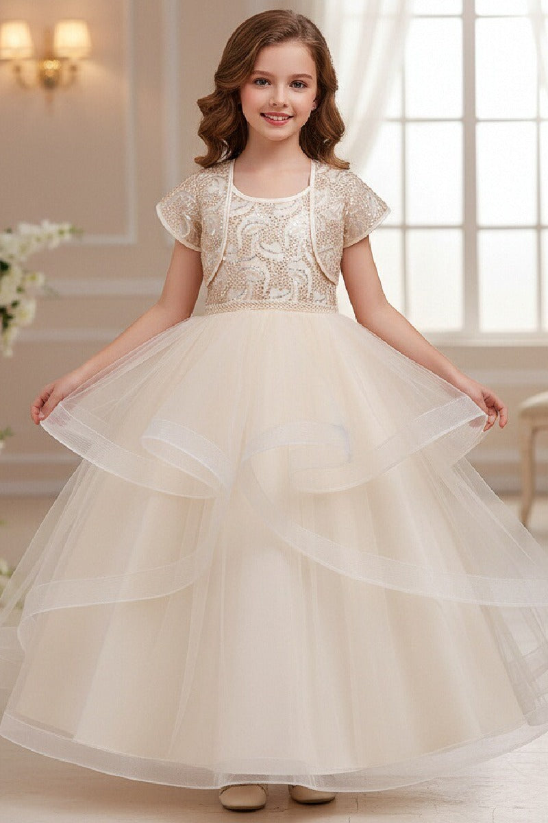 Two-Piece Sequin Lace Short Sleeve Bolero Jacket With Spaghetti Strap Tulle Floor-Length Flower Girl Dresses 1030169357466