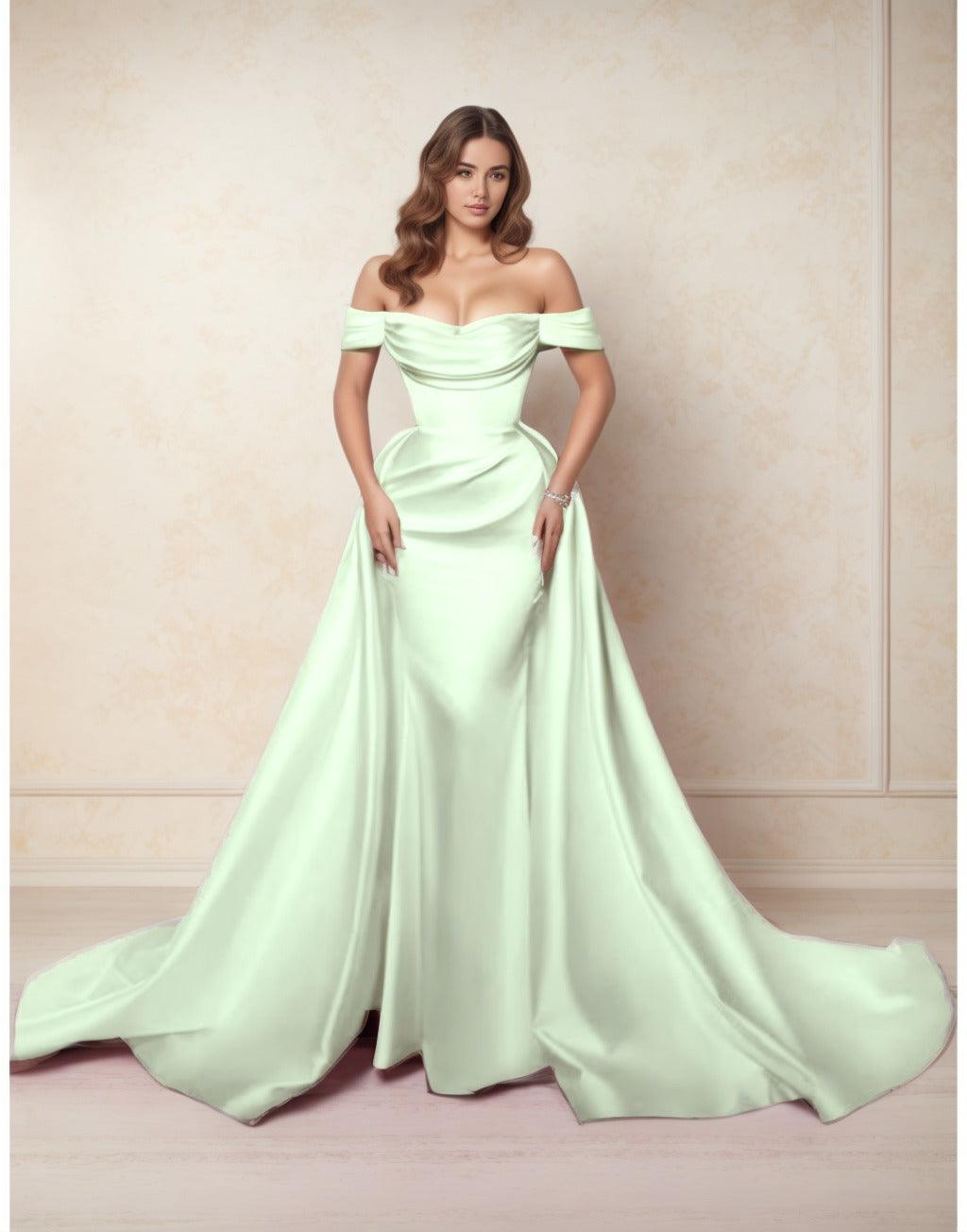 A-Line Chapel Train Satin Prom Dress CS0416 - COCOMELODY