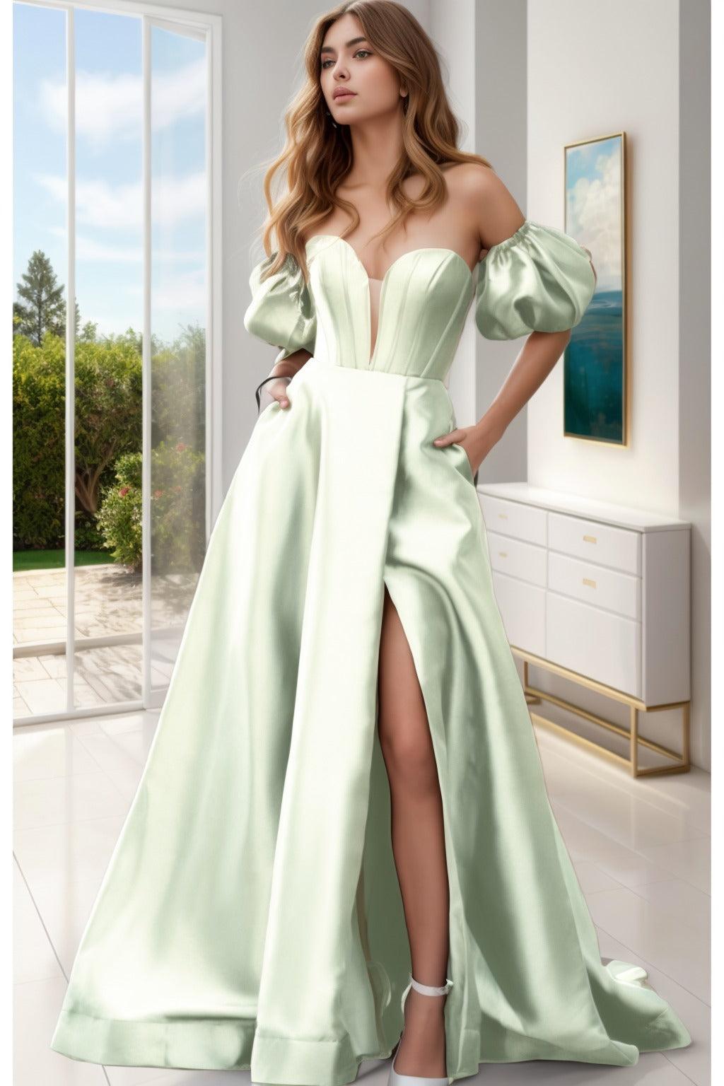 A-Line Sweep-Brush Train Satin Prom Dress CS0448 - COCOMELODY