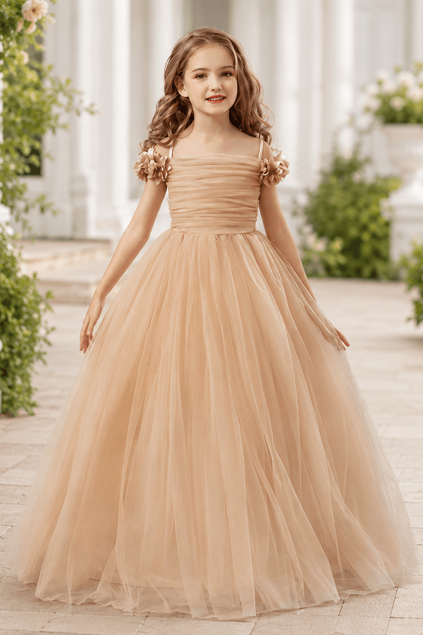 Elegant Floral Shoulder Ruched Bodice Tulle Flower Girl Dresses 890443747250