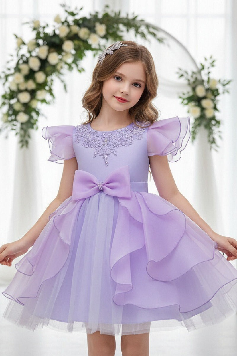 Short Flutter Sleeve Organza Knee Length Flower Girl Dresses 1028919378818