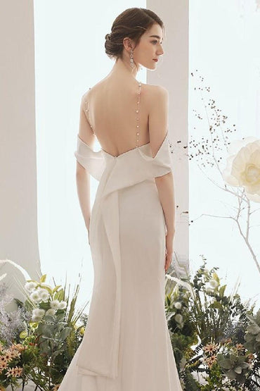 Sheath-Column Sweep-Brush Train Elastic Cloth Wedding Dress 674468699596 - COCOMELODY