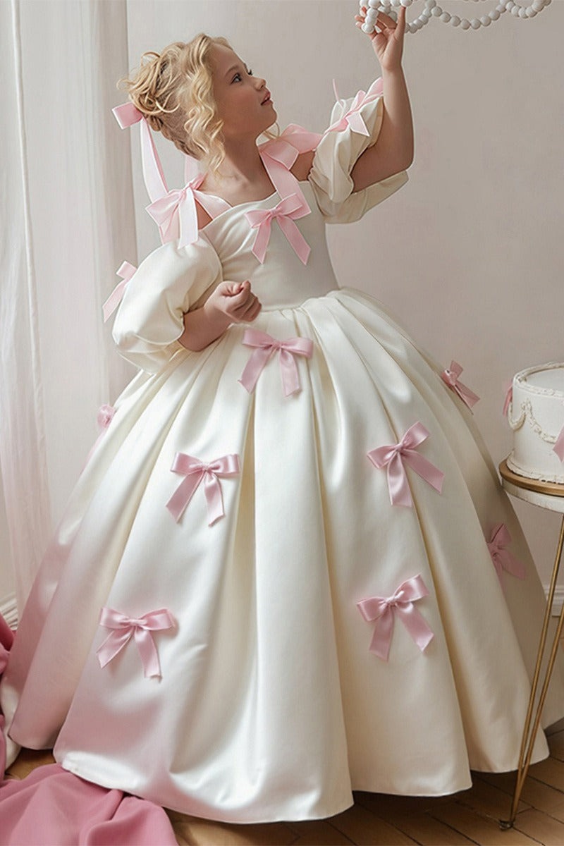 Ivory Satin Cold Shoulder Pink Bows Floor Length Flower Girl Dresses 1035700305747