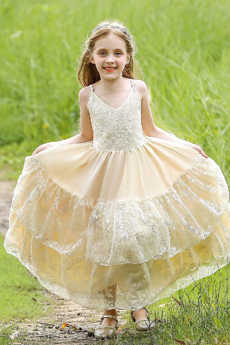 A-Line V-Neck Neckline Sleeveless Maxi Chiffon Flower Girl Dresses 751591439858