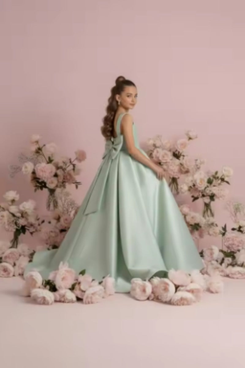 Satin V-Back Large Bow Sweep-Brush Train Wedding Gown Flower Girl Dresses 1057873354822