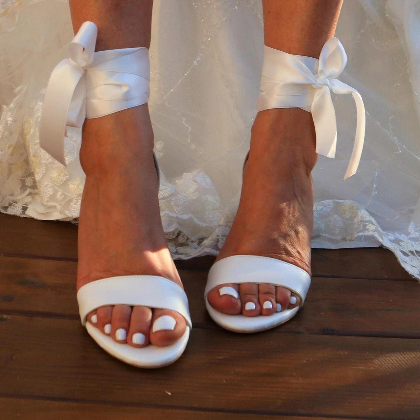 Open Toe Ankle Wrap Block Heel Sandals with Satin Bow 709418283009 - 7 Days / White / 36 - COCOMELODY