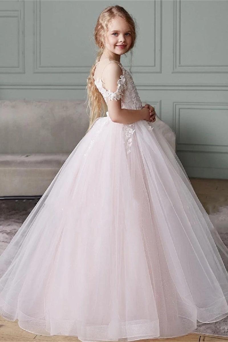 A-Line Illusion Neck Off The Shoulder Sleeves  Tulle Maxi Flower Girl Dresses 827500964252