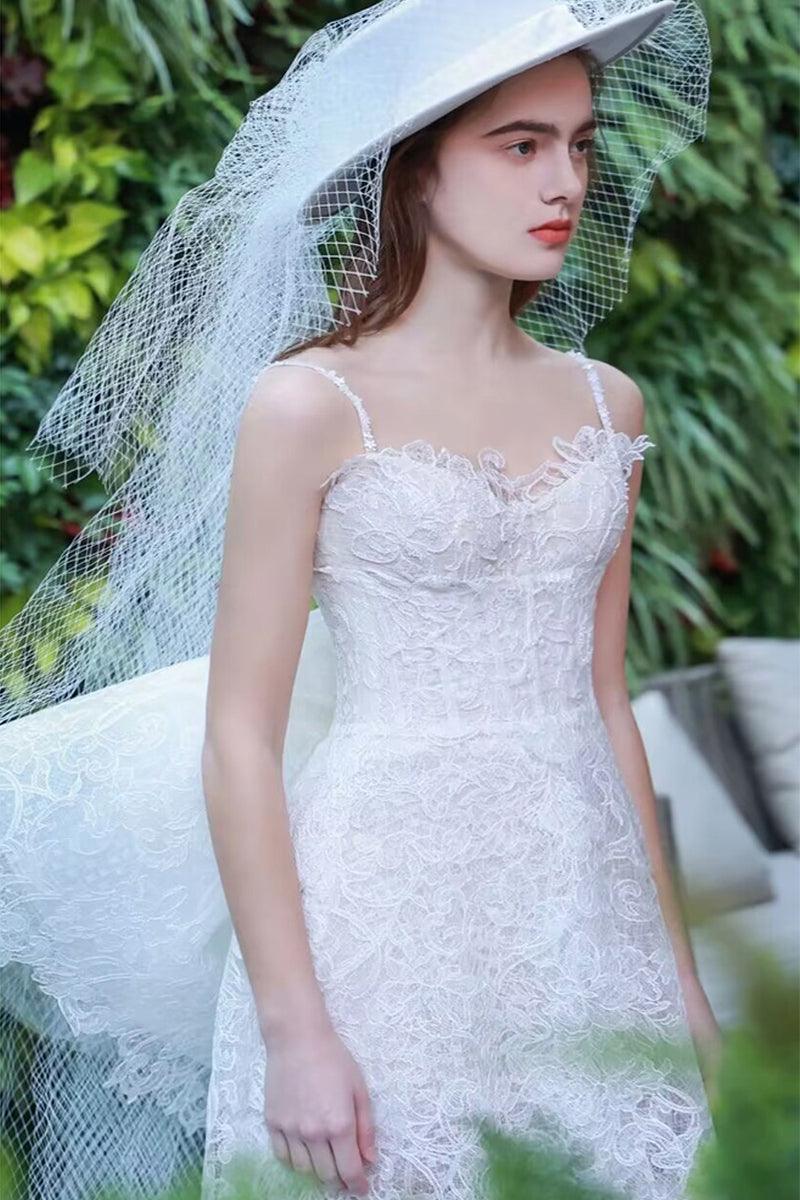 Sheath-Column High-Low Lace Wedding Dress 724377538001 - COCOMELODY