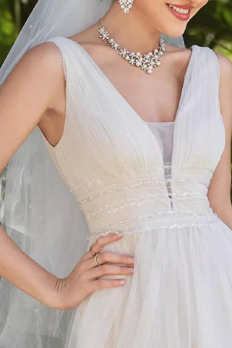 A-Line Sweep-Brush Train Tulle Wedding Dress 837230348553 - COCOMELODY