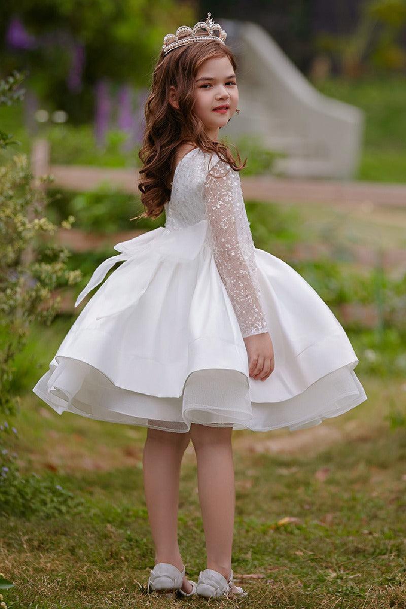 A-Line Scoop Neck Long Sleeve Knee Length Lace/Satin Flower Girl Dresses 709360205661 - COCOMELODY