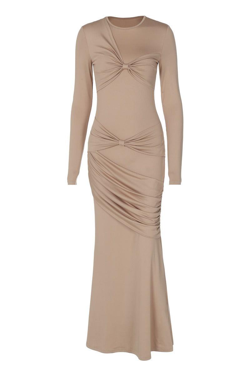 Stylish slim pleated round neck long-sleeved cocktail dress 837457622943 - COCOMELODY
