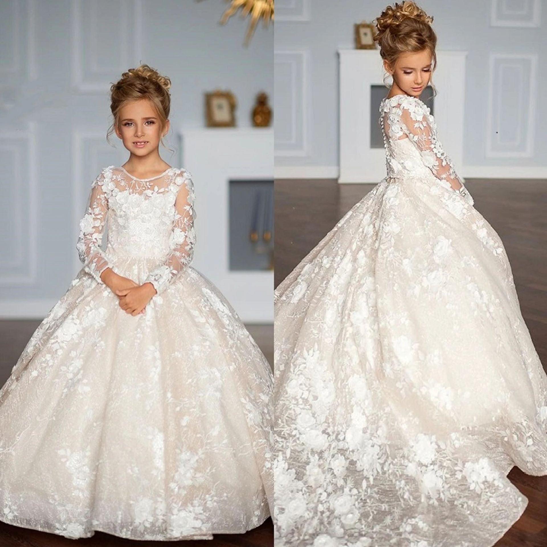 A-Line Illusion Neck Long Sleeve Lace Chapel Train Flower Girl Dresses 688674536065