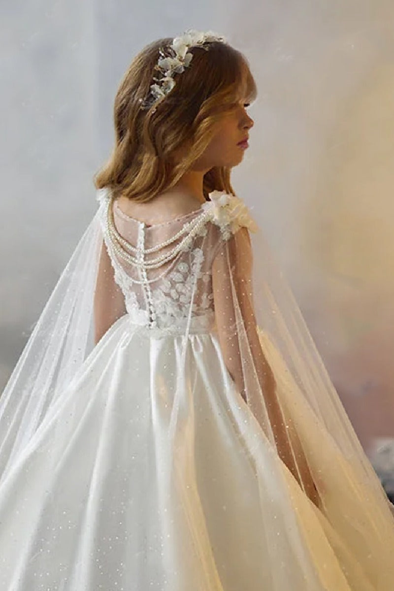 A-Line Illusion Sweetheart Neck Cap Sleeve Satin Sweep-Brush Train Flower Girl Dresses 937382238421