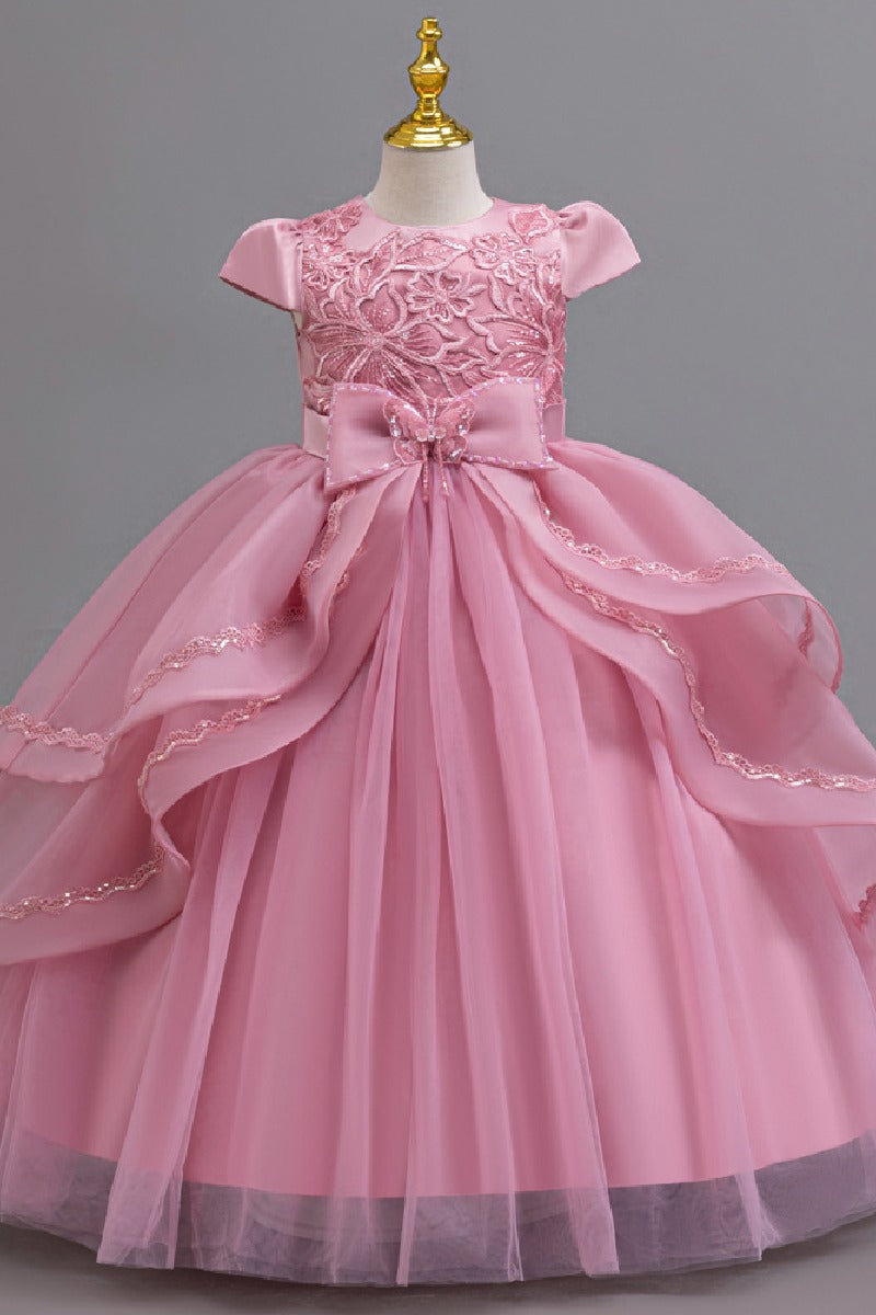 A-Line Round Neck Cap Sleeve Floor Length Ruffled Tulle Flower Girl Dresses 1028258095884