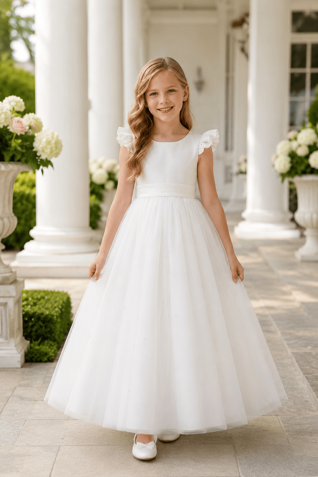 Romantic Tulle with Bow Back Pearl Accents Flower Girl Dresses 1029322248393