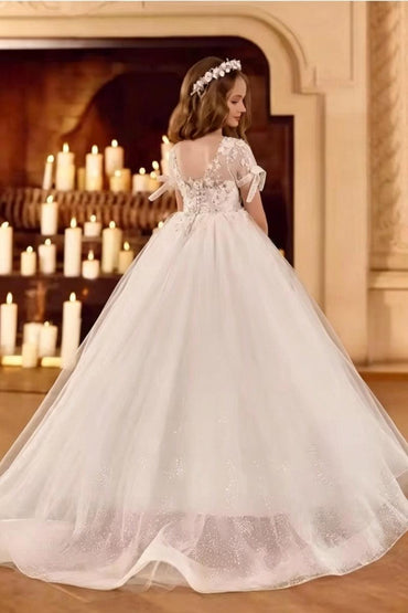 A-Line Bow Cuff Tulle Sweep-Brush Train Flower Girl Dresses 895011114088 - 10 Days / White / 2 - COCOMELODY
