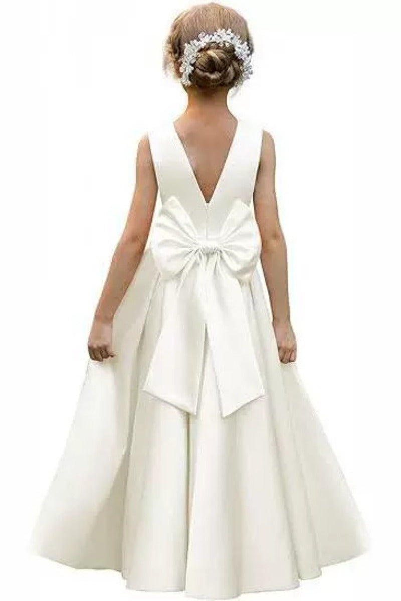 Elegant Satin Pearl Waist Pleated Skirt Bow Back Flower Girl Dresses 807252665221