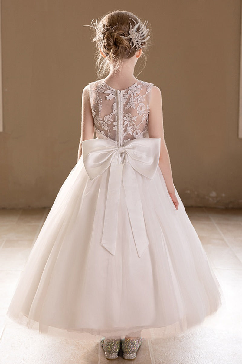 A-Line Sleeveless Sheer Back Bow Tulle Floor Length Flower Girl Dresses 915610270037