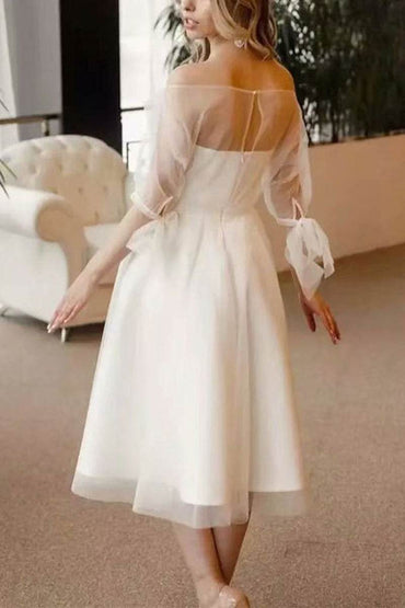 A-Line Tea Length Tulle Satin Little White Dress 100057 - COCOMELODY