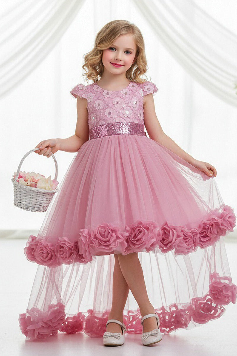 High-Low Cap Sleeve Sequin Lace Tulle Glitter Waistband Flower Girl Dresses 1049651569780