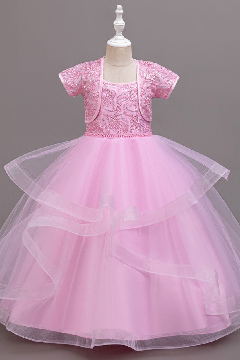 Two-Piece Sequin Lace Short Sleeve Bolero Jacket With Spaghetti Strap Tulle Floor-Length Flower Girl Dresses 1030169357466