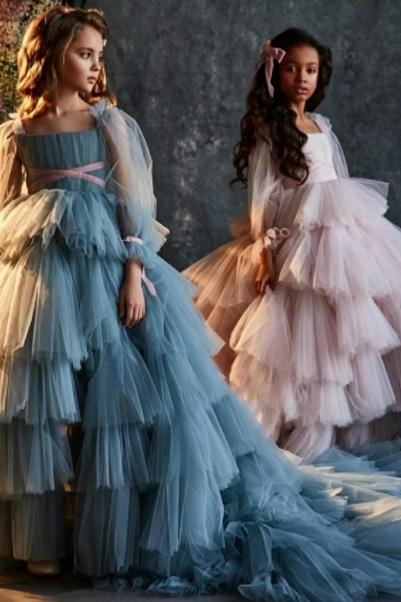 A-Line Long Sleeves Tiered Ruffled Tulle Flower Girl Dresses 688986387192 - 15 Days / As Picture / 2 - COCOMELODY