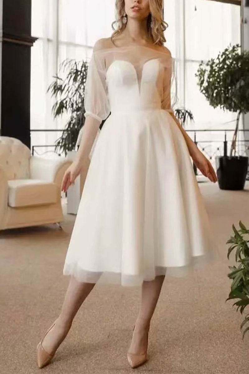 A-Line Tea Length Tulle Satin Little White Dress 100057 - COCOMELODY