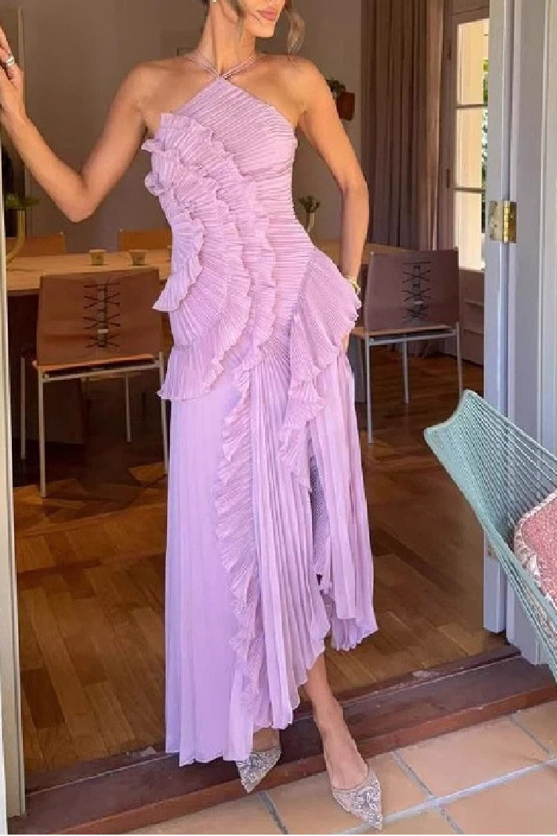 Halter Sheath Ankle Length Chiffon Lilac Wedding Guest Dress with Pleats Ruffles COCOMELODY 921890517593