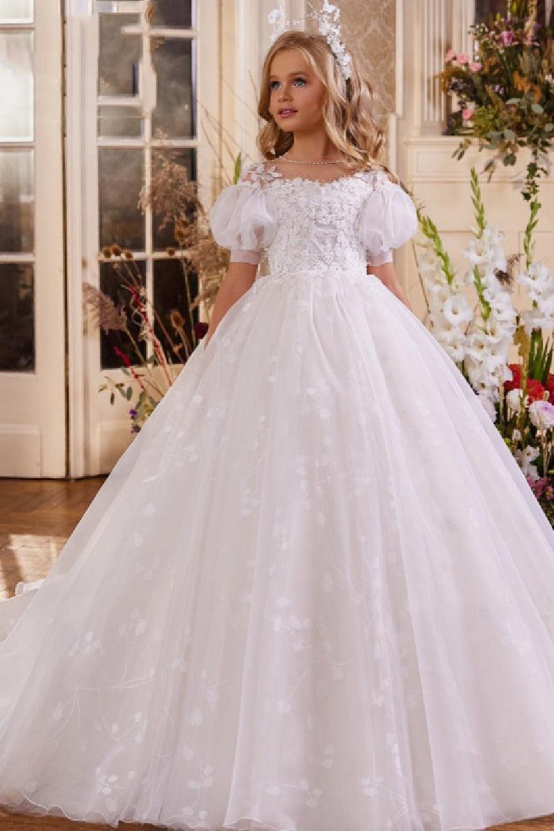 A-Line Illusion Neck Puff Sleeves Tulle Flower Girl Dresses With Bow(s) 808548412340 - COCOMELODY