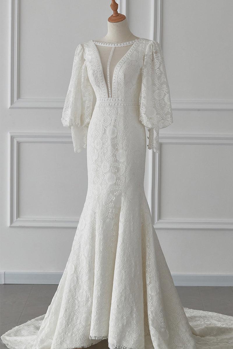 Trumpet-Mermaid Sweep-Brush Train Lace Wedding Dress 719870409318 - COCOMELODY