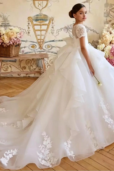 Ball Gown Sweep-Brush Train Ruffle Tulle Flower Girl Dresses 1030415759128 - 10 Days / White / 2 - COCOMELODY