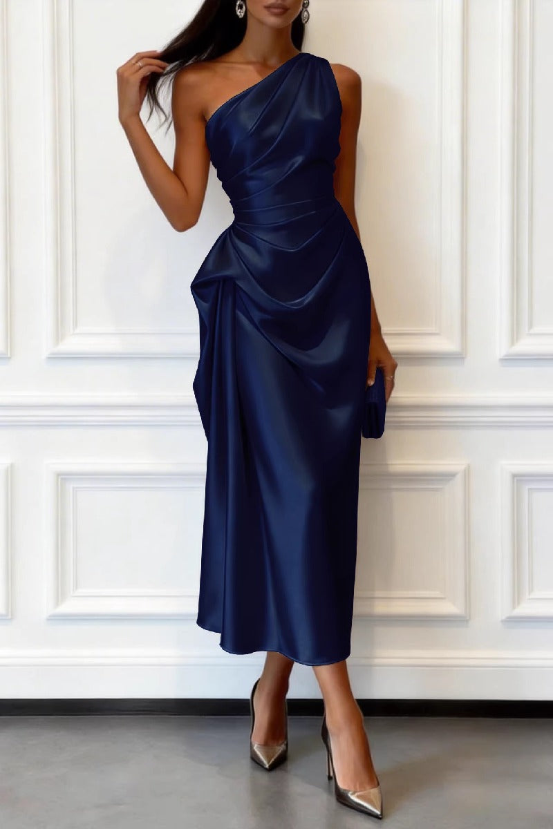 Trumpet-Mermaid Tea Length Satin Wedding Guest Dress 1033914017182