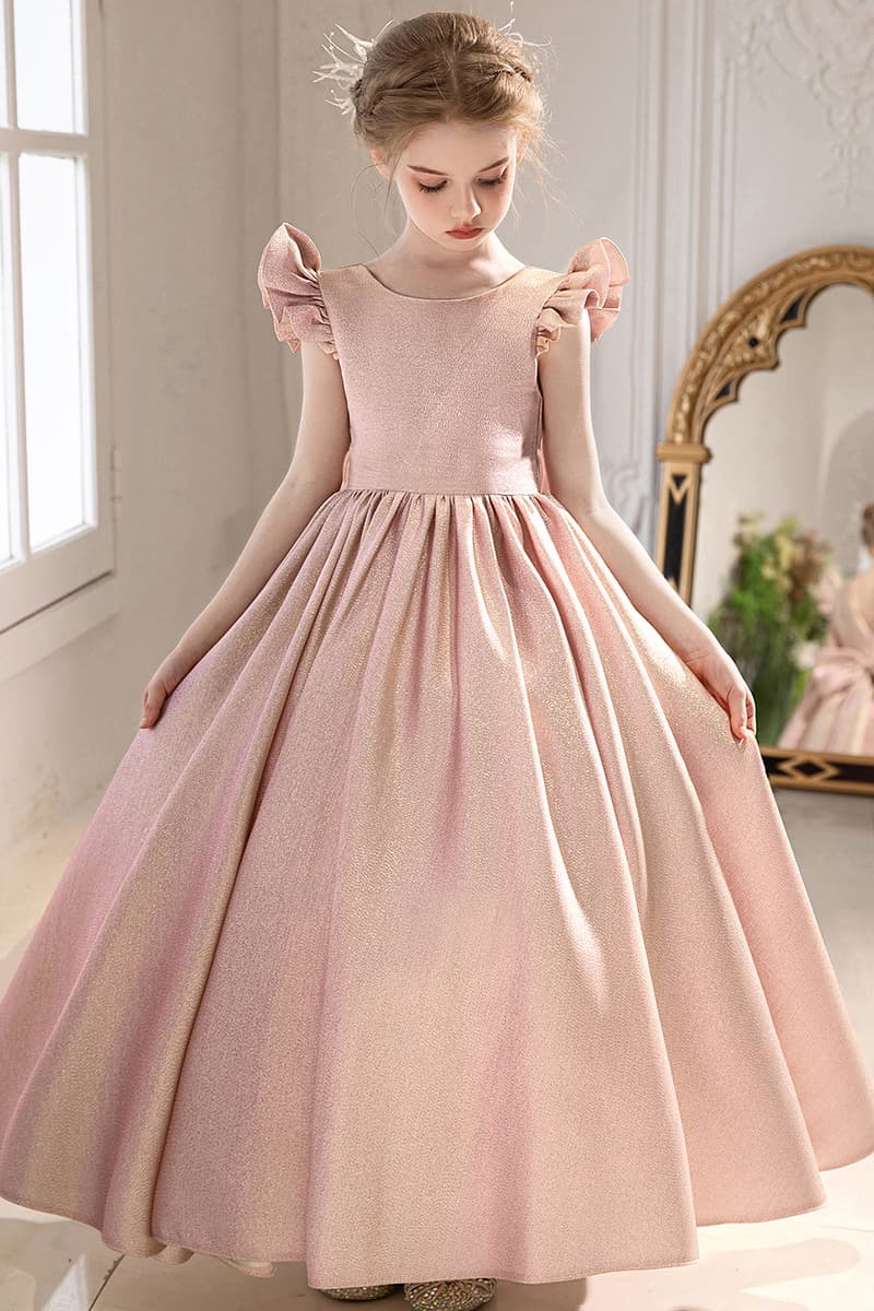 Glitter Fabric Gown Ruffle Sleeves Bow Floor Length Flower Girl Dresses 916560252784