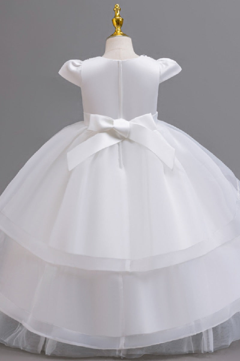 A-Line Round Neck Cap Sleeve Floor Length Ruffled Tulle Flower Girl Dresses 1028258095884